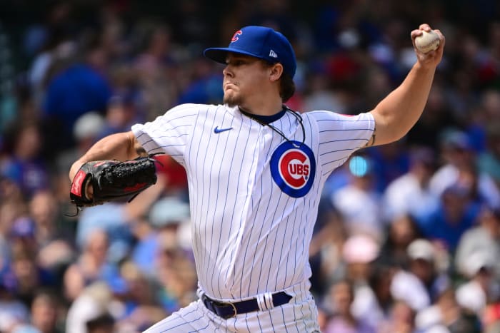 Chicago Cubs pitcher Justin Steele pitching this season at Wrigley Field.